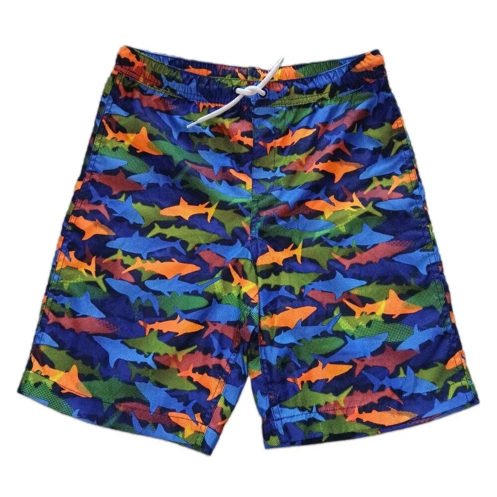 LANDS END Boys XL 14/16 Swim Trunks Mesh Lining Beach Colorful Shark Pattern